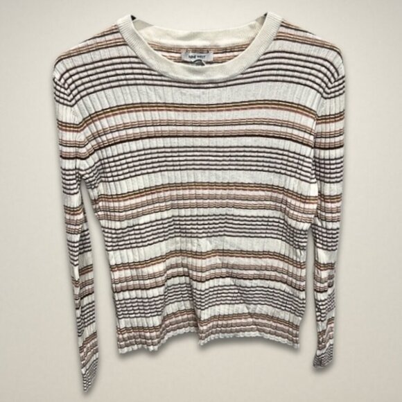Nine West Cropped Sweater Ribbed Knit Striped Design Long Sleeve Cream/Brown W L - Picture 1 of 7